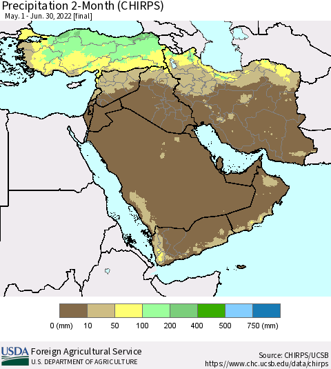 Middle East and Turkey Precipitation 2-Month (CHIRPS) Thematic Map For 5/1/2022 - 6/30/2022