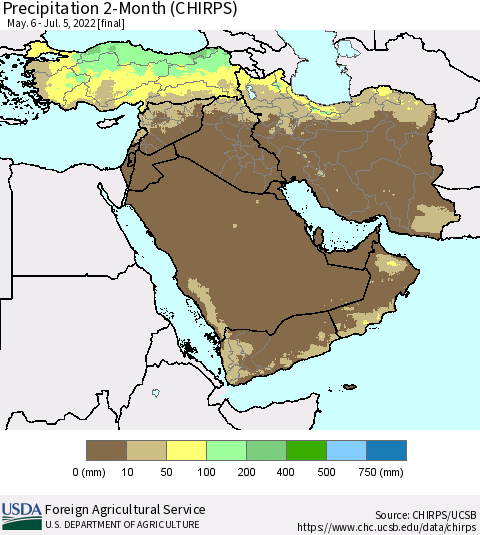 Middle East and Turkey Precipitation 2-Month (CHIRPS) Thematic Map For 5/6/2022 - 7/5/2022