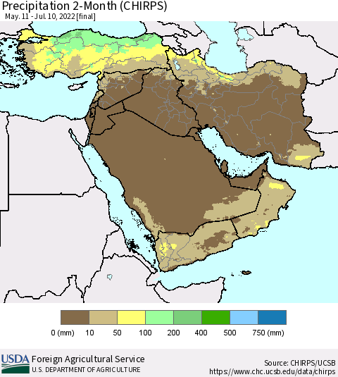 Middle East and Turkey Precipitation 2-Month (CHIRPS) Thematic Map For 5/11/2022 - 7/10/2022