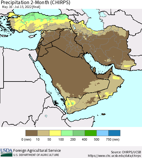 Middle East and Turkey Precipitation 2-Month (CHIRPS) Thematic Map For 5/16/2022 - 7/15/2022