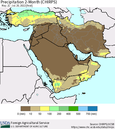 Middle East and Turkey Precipitation 2-Month (CHIRPS) Thematic Map For 5/21/2022 - 7/20/2022