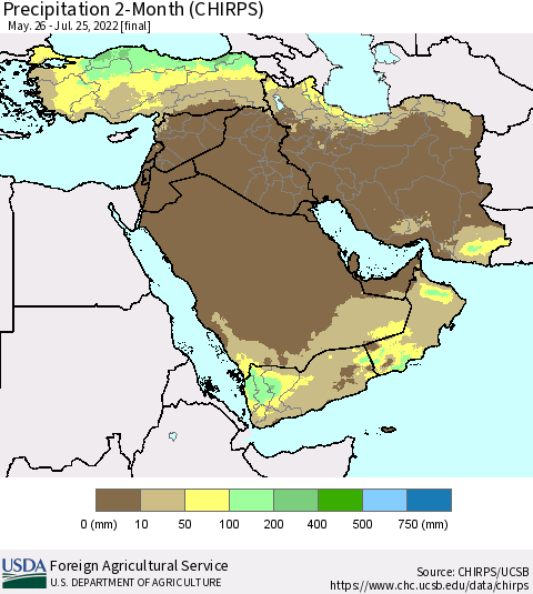 Middle East and Turkey Precipitation 2-Month (CHIRPS) Thematic Map For 5/26/2022 - 7/25/2022