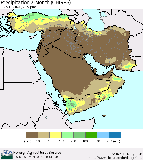 Middle East and Turkey Precipitation 2-Month (CHIRPS) Thematic Map For 6/1/2022 - 7/31/2022