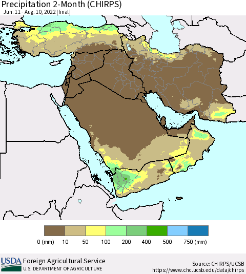 Middle East and Turkey Precipitation 2-Month (CHIRPS) Thematic Map For 6/11/2022 - 8/10/2022