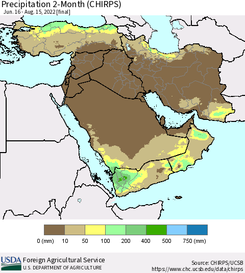 Middle East and Turkey Precipitation 2-Month (CHIRPS) Thematic Map For 6/16/2022 - 8/15/2022