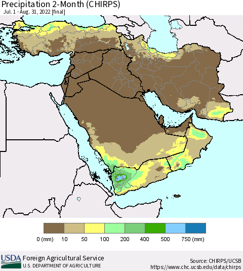 Middle East and Turkey Precipitation 2-Month (CHIRPS) Thematic Map For 7/1/2022 - 8/31/2022