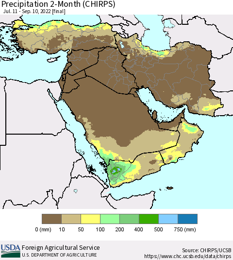 Middle East and Turkey Precipitation 2-Month (CHIRPS) Thematic Map For 7/11/2022 - 9/10/2022