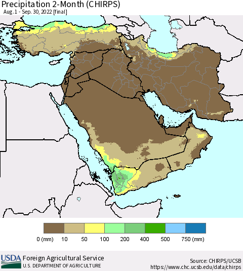 Middle East and Turkey Precipitation 2-Month (CHIRPS) Thematic Map For 8/1/2022 - 9/30/2022