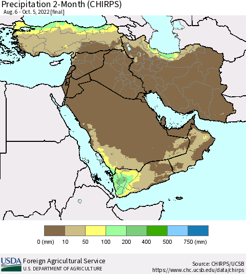 Middle East and Turkey Precipitation 2-Month (CHIRPS) Thematic Map For 8/6/2022 - 10/5/2022