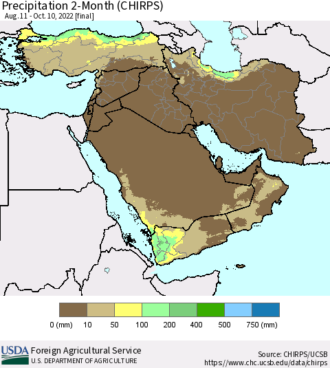 Middle East and Turkey Precipitation 2-Month (CHIRPS) Thematic Map For 8/11/2022 - 10/10/2022