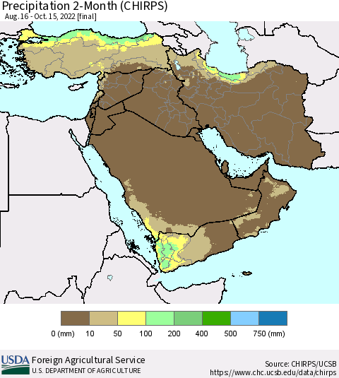 Middle East and Turkey Precipitation 2-Month (CHIRPS) Thematic Map For 8/16/2022 - 10/15/2022
