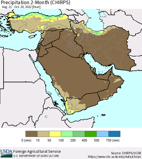 Middle East and Turkey Precipitation 2-Month (CHIRPS) Thematic Map For 8/21/2022 - 10/20/2022