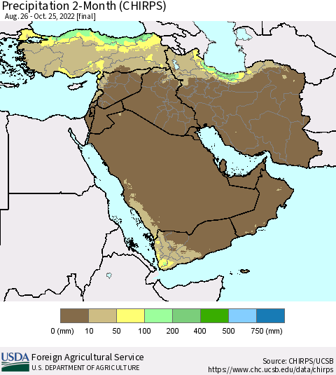 Middle East and Turkey Precipitation 2-Month (CHIRPS) Thematic Map For 8/26/2022 - 10/25/2022