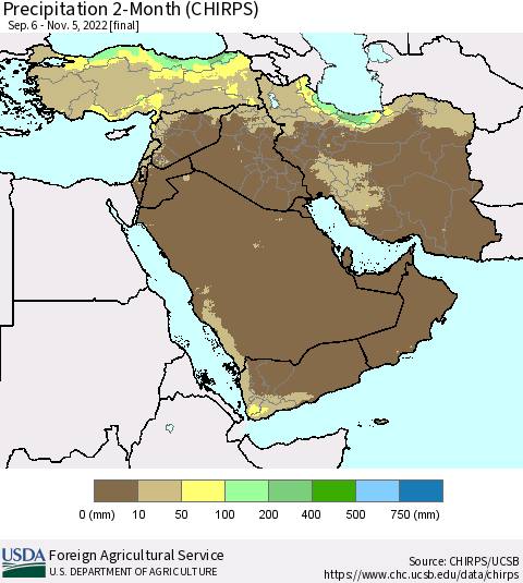 Middle East and Turkey Precipitation 2-Month (CHIRPS) Thematic Map For 9/6/2022 - 11/5/2022