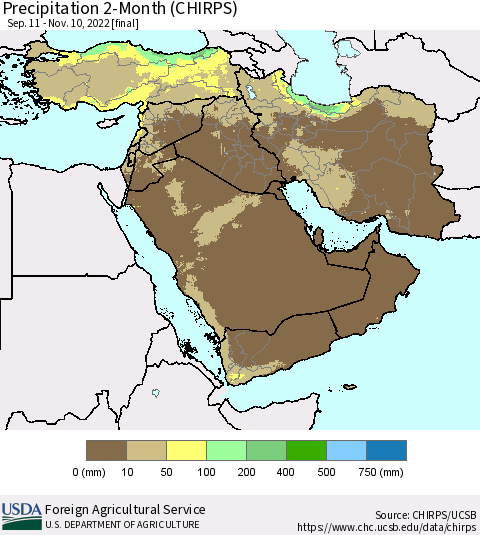 Middle East and Turkey Precipitation 2-Month (CHIRPS) Thematic Map For 9/11/2022 - 11/10/2022
