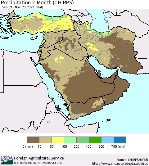 Middle East and Turkey Precipitation 2-Month (CHIRPS) Thematic Map For 9/21/2022 - 11/20/2022