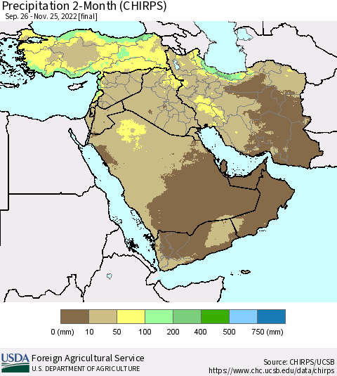 Middle East and Turkey Precipitation 2-Month (CHIRPS) Thematic Map For 9/26/2022 - 11/25/2022