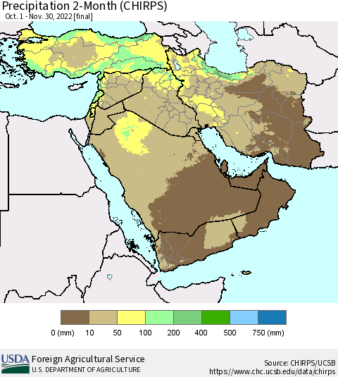Middle East and Turkey Precipitation 2-Month (CHIRPS) Thematic Map For 10/1/2022 - 11/30/2022