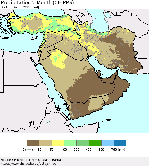 Middle East and Turkey Precipitation 2-Month (CHIRPS) Thematic Map For 10/6/2022 - 12/5/2022