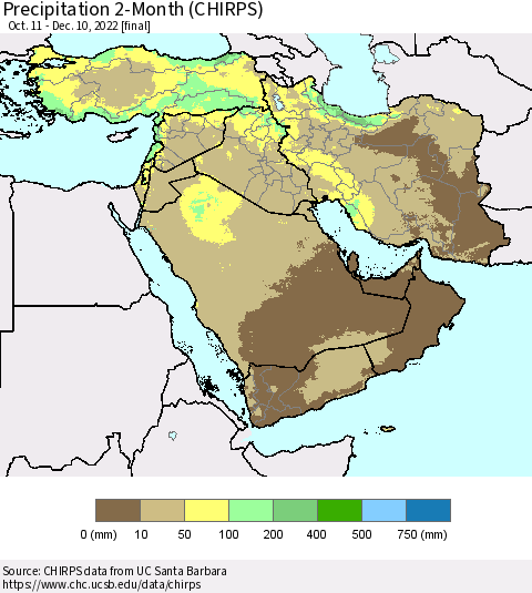 Middle East and Turkey Precipitation 2-Month (CHIRPS) Thematic Map For 10/11/2022 - 12/10/2022