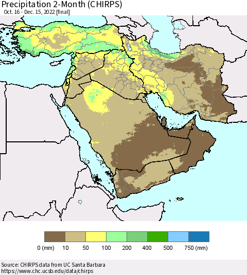 Middle East and Turkey Precipitation 2-Month (CHIRPS) Thematic Map For 10/16/2022 - 12/15/2022