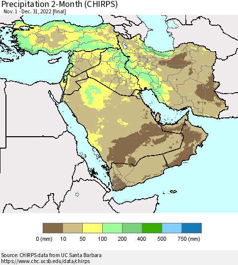 Middle East and Turkey Precipitation 2-Month (CHIRPS) Thematic Map For 11/1/2022 - 12/31/2022