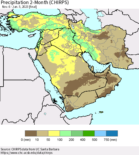 Middle East and Turkey Precipitation 2-Month (CHIRPS) Thematic Map For 11/6/2022 - 1/5/2023