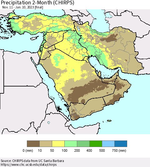 Middle East and Turkey Precipitation 2-Month (CHIRPS) Thematic Map For 11/11/2022 - 1/10/2023