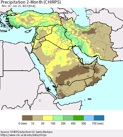 Middle East and Turkey Precipitation 2-Month (CHIRPS) Thematic Map For 11/16/2022 - 1/15/2023