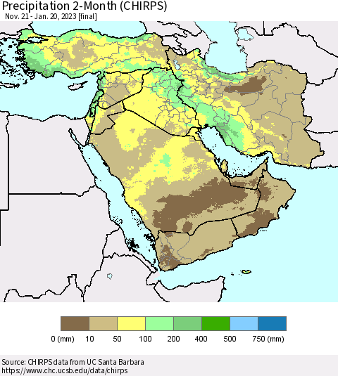 Middle East and Turkey Precipitation 2-Month (CHIRPS) Thematic Map For 11/21/2022 - 1/20/2023