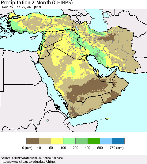 Middle East and Turkey Precipitation 2-Month (CHIRPS) Thematic Map For 11/26/2022 - 1/25/2023