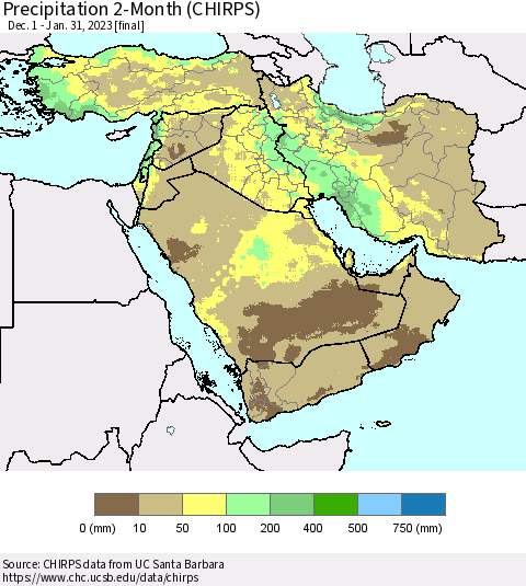 Middle East and Turkey Precipitation 2-Month (CHIRPS) Thematic Map For 12/1/2022 - 1/31/2023