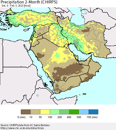 Middle East and Turkey Precipitation 2-Month (CHIRPS) Thematic Map For 12/6/2022 - 2/5/2023