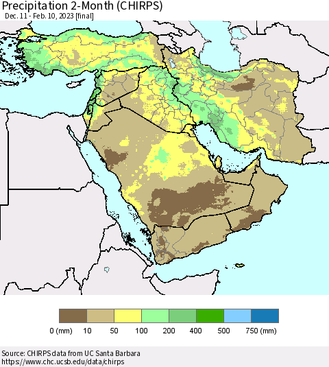 Middle East and Turkey Precipitation 2-Month (CHIRPS) Thematic Map For 12/11/2022 - 2/10/2023