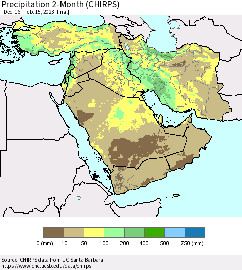 Middle East and Turkey Precipitation 2-Month (CHIRPS) Thematic Map For 12/16/2022 - 2/15/2023