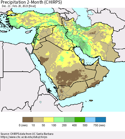 Middle East and Turkey Precipitation 2-Month (CHIRPS) Thematic Map For 12/21/2022 - 2/20/2023