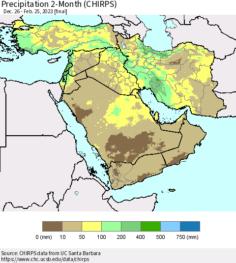 Middle East and Turkey Precipitation 2-Month (CHIRPS) Thematic Map For 12/26/2022 - 2/25/2023
