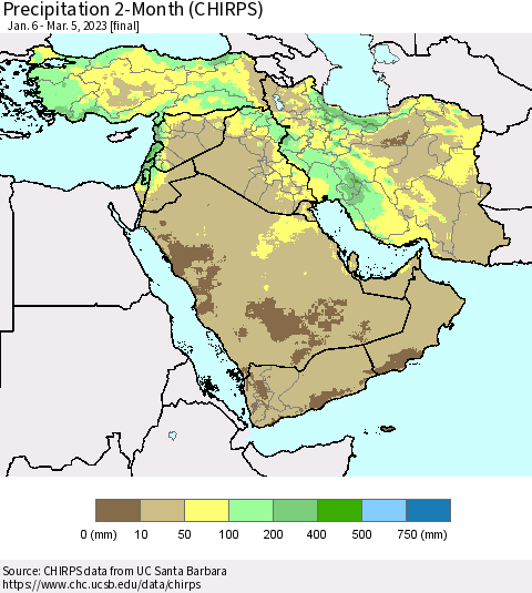 Middle East and Turkey Precipitation 2-Month (CHIRPS) Thematic Map For 1/6/2023 - 3/5/2023