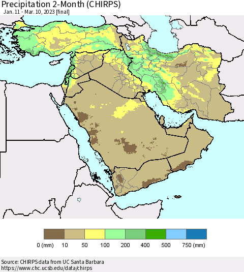 Middle East and Turkey Precipitation 2-Month (CHIRPS) Thematic Map For 1/11/2023 - 3/10/2023