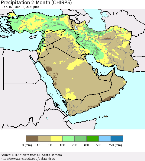 Middle East and Turkey Precipitation 2-Month (CHIRPS) Thematic Map For 1/16/2023 - 3/15/2023