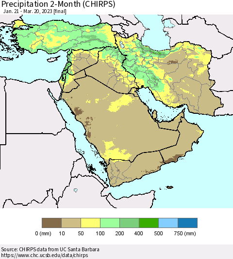 Middle East and Turkey Precipitation 2-Month (CHIRPS) Thematic Map For 1/21/2023 - 3/20/2023