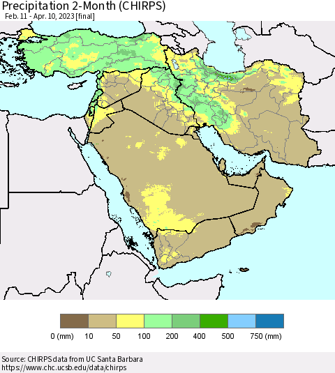 Middle East and Turkey Precipitation 2-Month (CHIRPS) Thematic Map For 2/11/2023 - 4/10/2023
