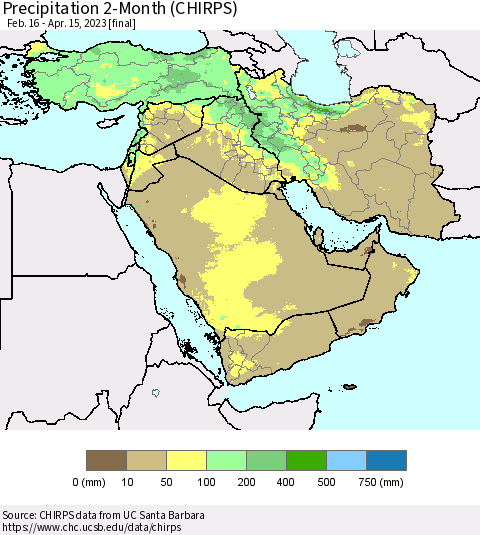 Middle East and Turkey Precipitation 2-Month (CHIRPS) Thematic Map For 2/16/2023 - 4/15/2023