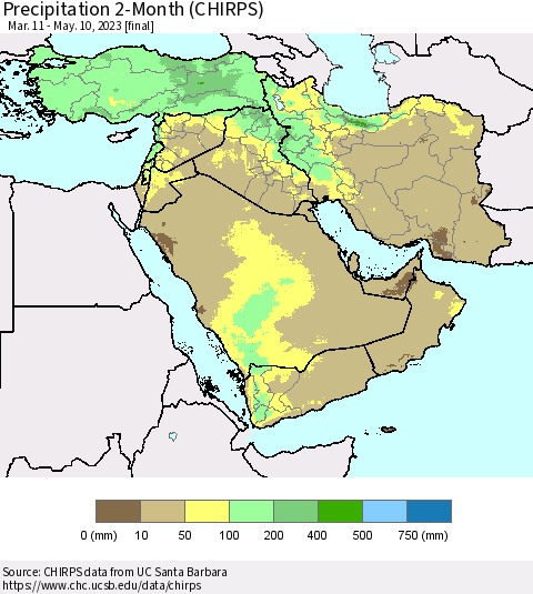 Middle East and Turkey Precipitation 2-Month (CHIRPS) Thematic Map For 3/11/2023 - 5/10/2023