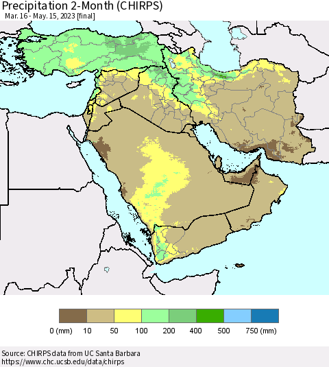 Middle East and Turkey Precipitation 2-Month (CHIRPS) Thematic Map For 3/16/2023 - 5/15/2023