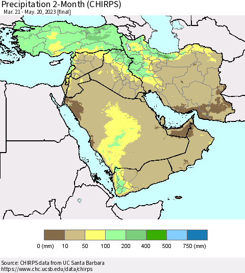 Middle East and Turkey Precipitation 2-Month (CHIRPS) Thematic Map For 3/21/2023 - 5/20/2023