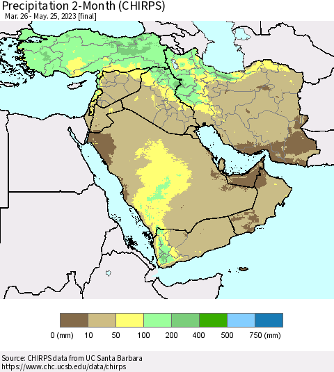 Middle East and Turkey Precipitation 2-Month (CHIRPS) Thematic Map For 3/26/2023 - 5/25/2023