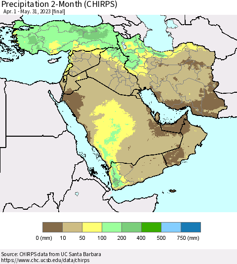 Middle East and Turkey Precipitation 2-Month (CHIRPS) Thematic Map For 4/1/2023 - 5/31/2023