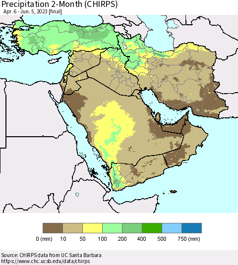 Middle East and Turkey Precipitation 2-Month (CHIRPS) Thematic Map For 4/6/2023 - 6/5/2023