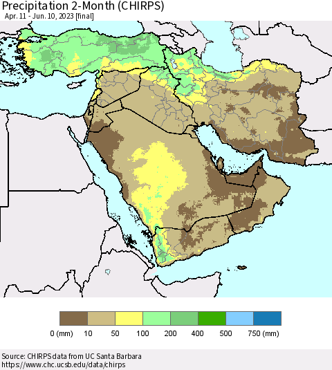 Middle East and Turkey Precipitation 2-Month (CHIRPS) Thematic Map For 4/11/2023 - 6/10/2023